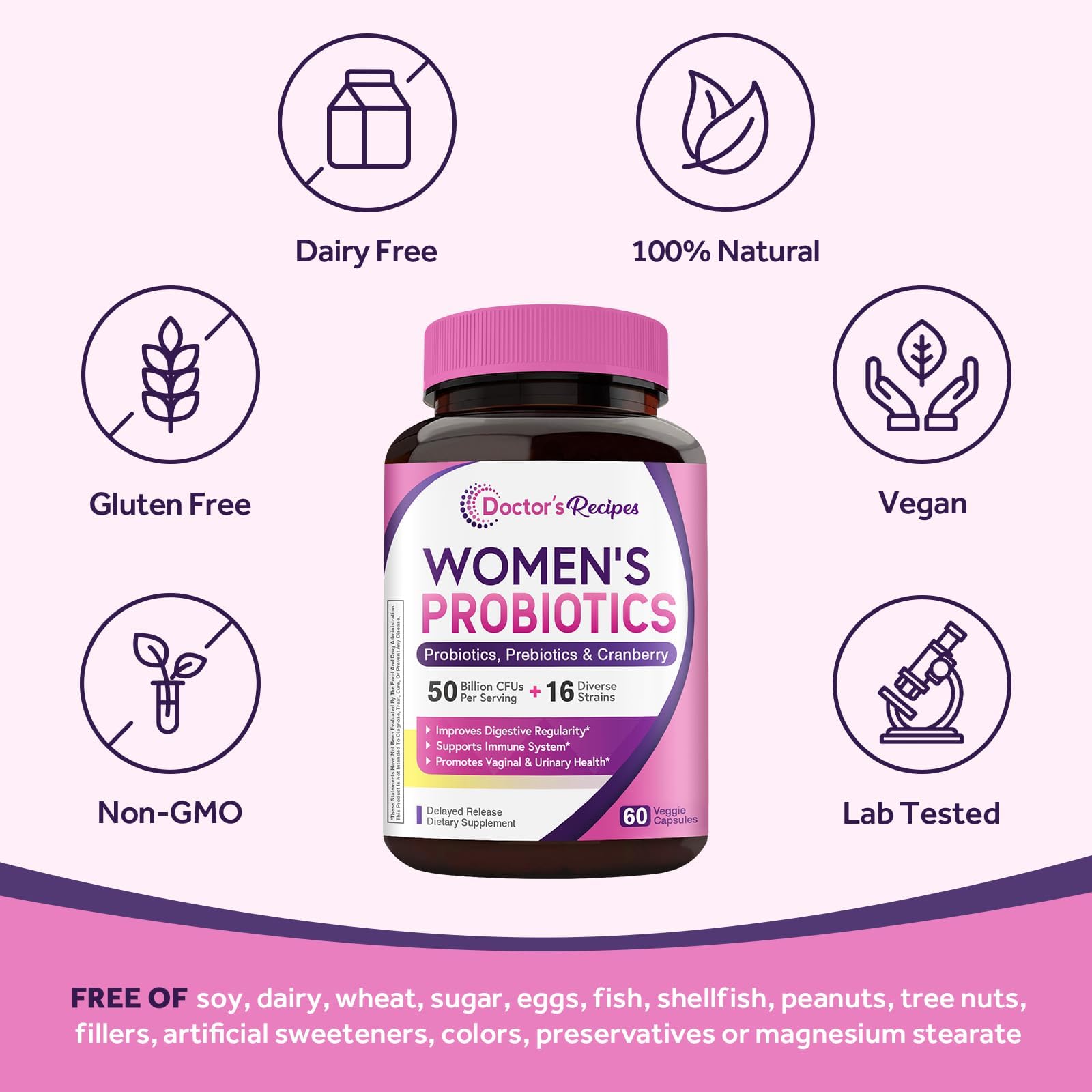 Doctor's Recipes Women's Probiotic with organic cranberry extract label showcases added vaginal health support