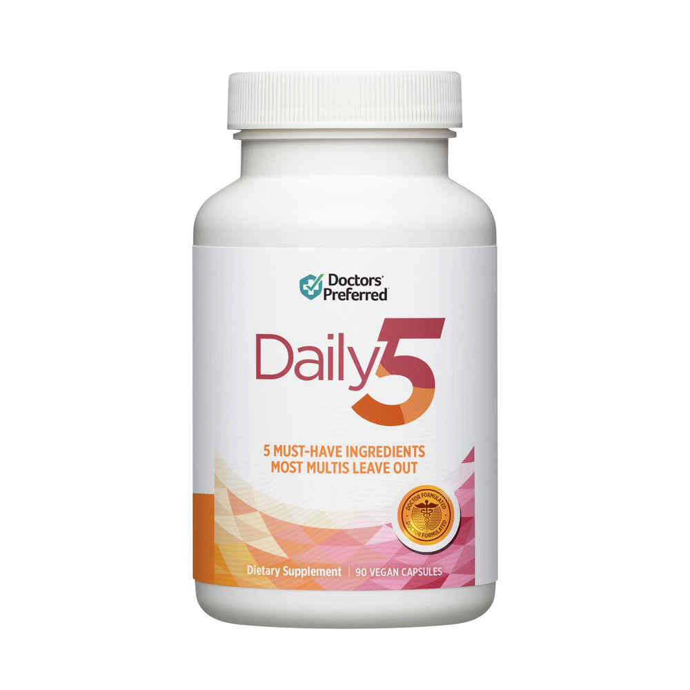 DOCTORS' PREFERRED Daily5 bottle-front showing bold label for heart and joint support.