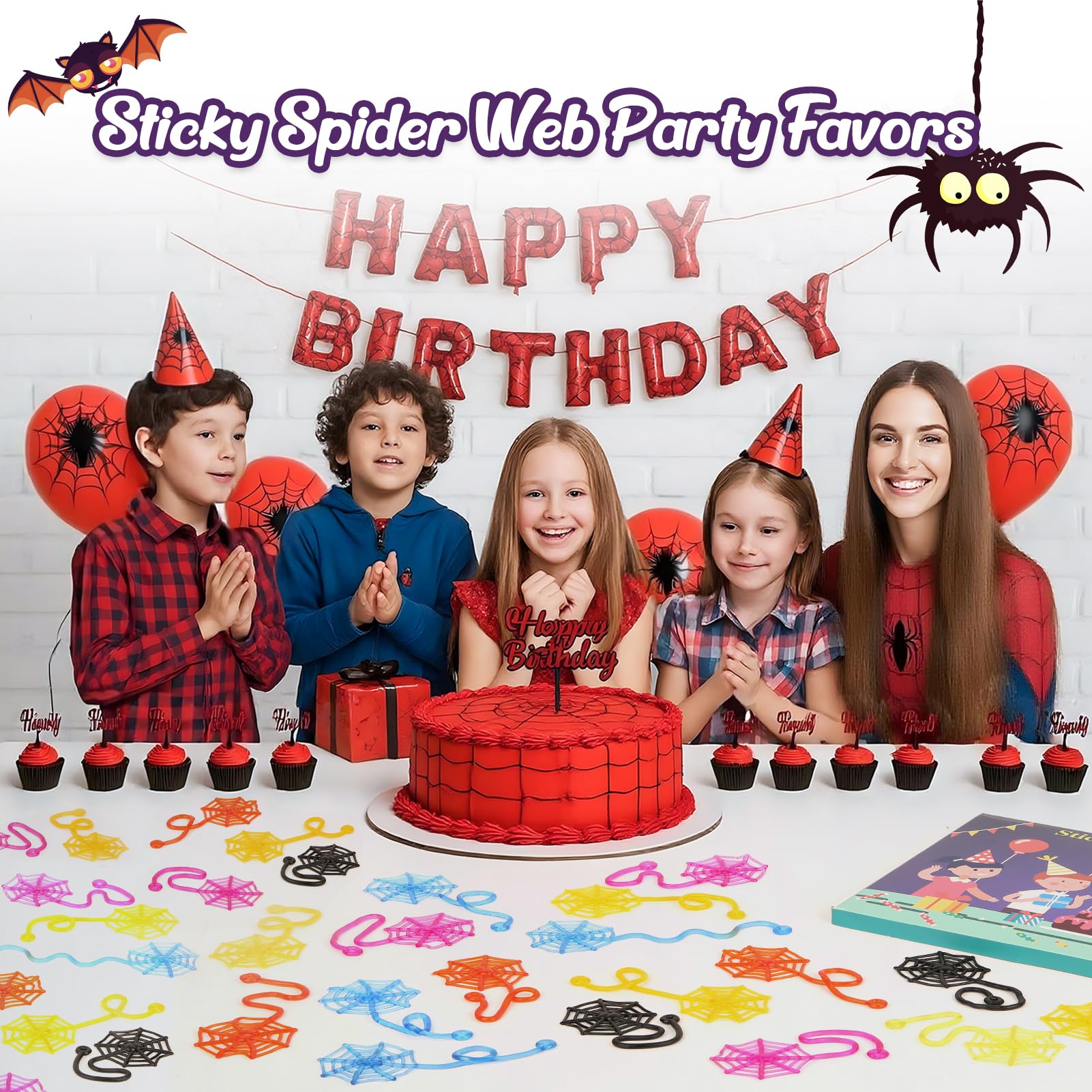 DODOLOL colorful sticky hands on spider web decor ideal for classrooms.
