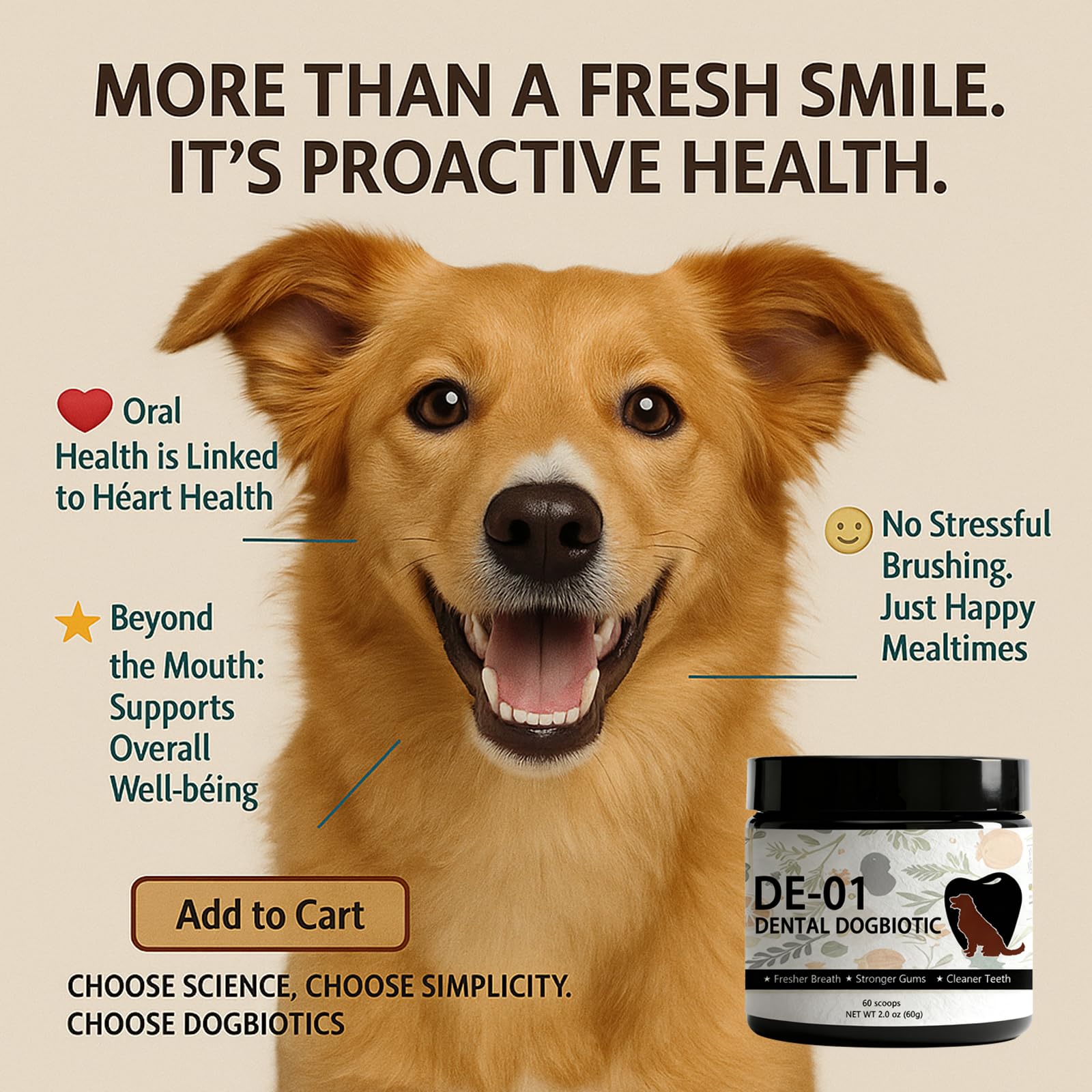 Dogbiotics Dental Powder bottle and label emphasize natural formula.