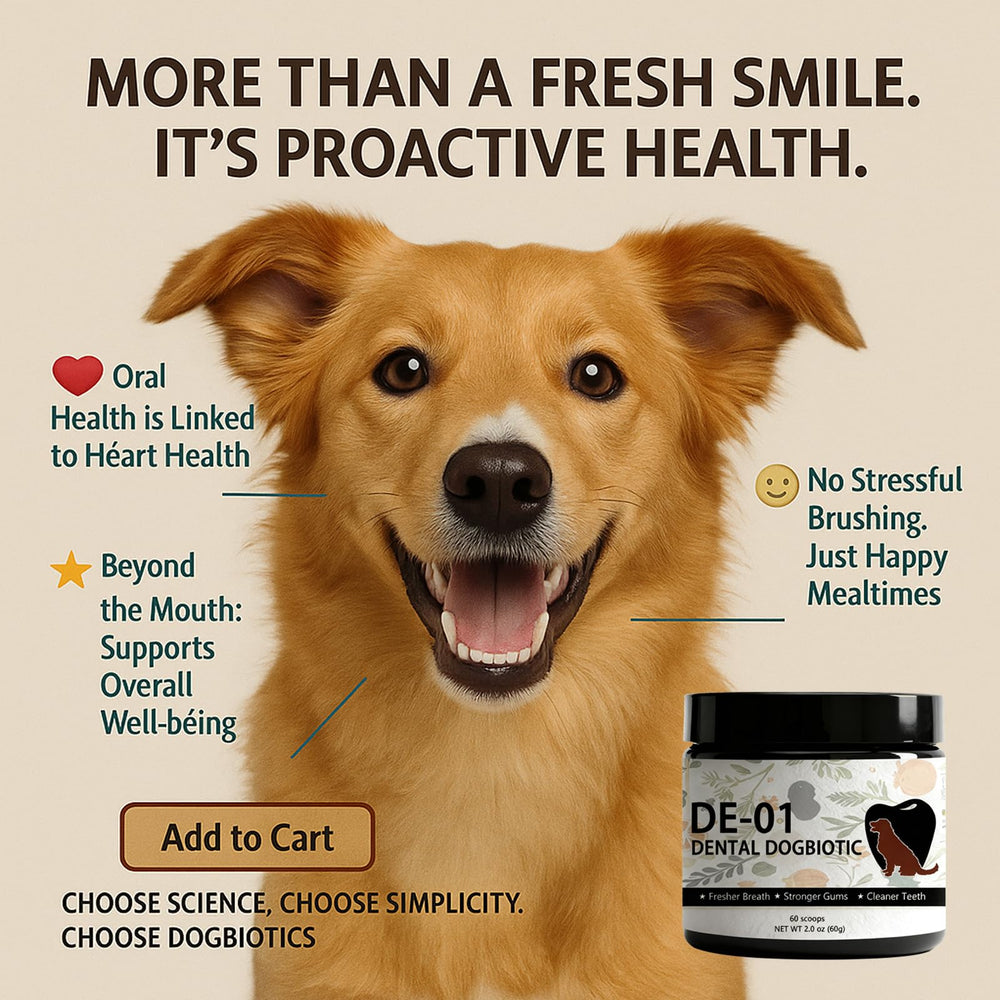 Dogbiotics Dental Powder bottle and label emphasize natural formula.