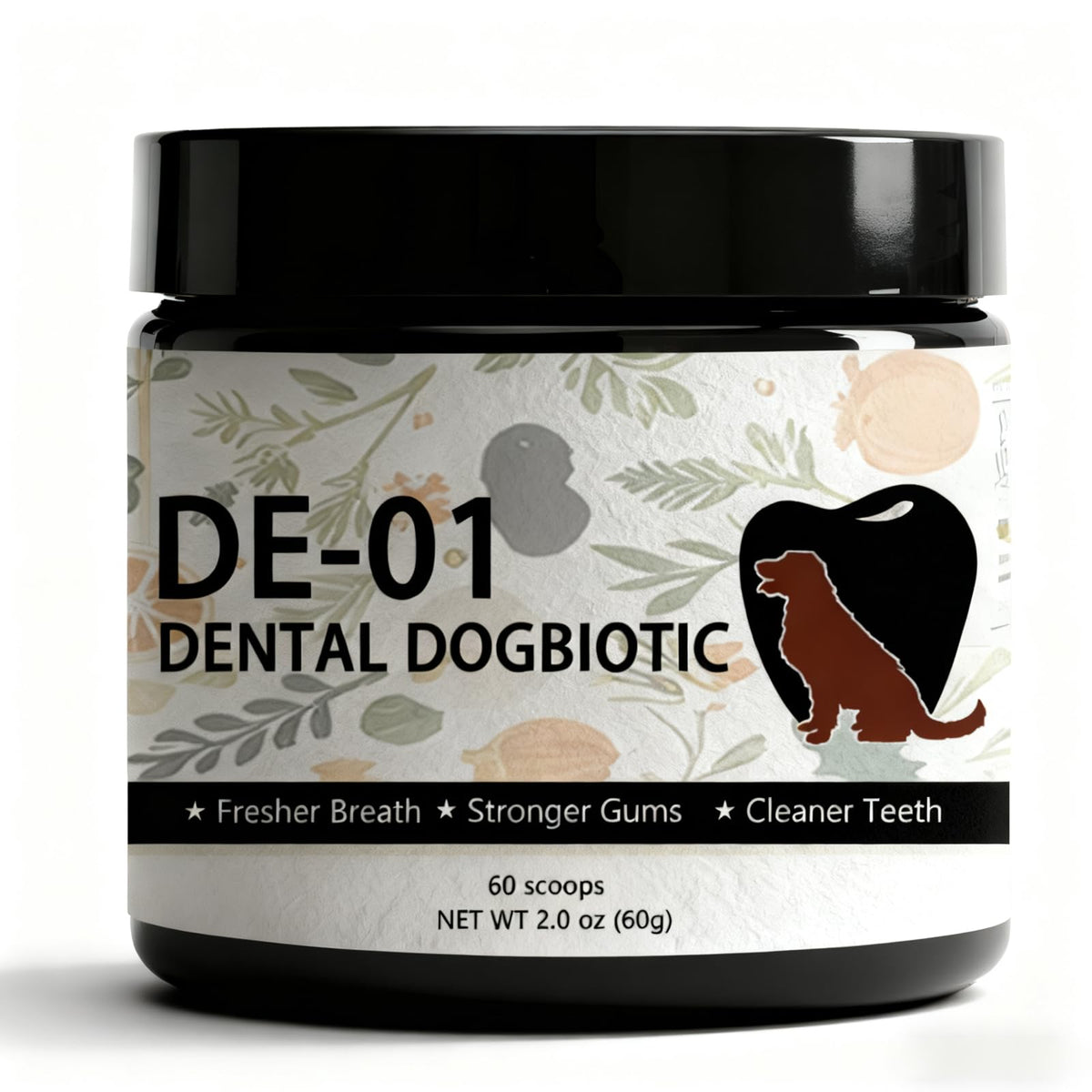 Dogbiotics Dental Powder DE-01 bottle for daily fresh breath support.