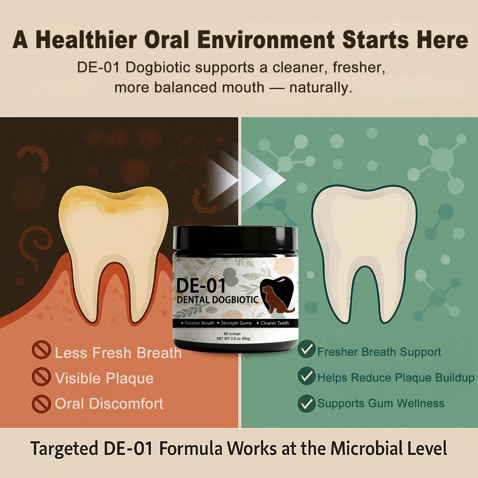 Dogbiotics Dental Powder DE-01 scoop used for accurate daily dosage.