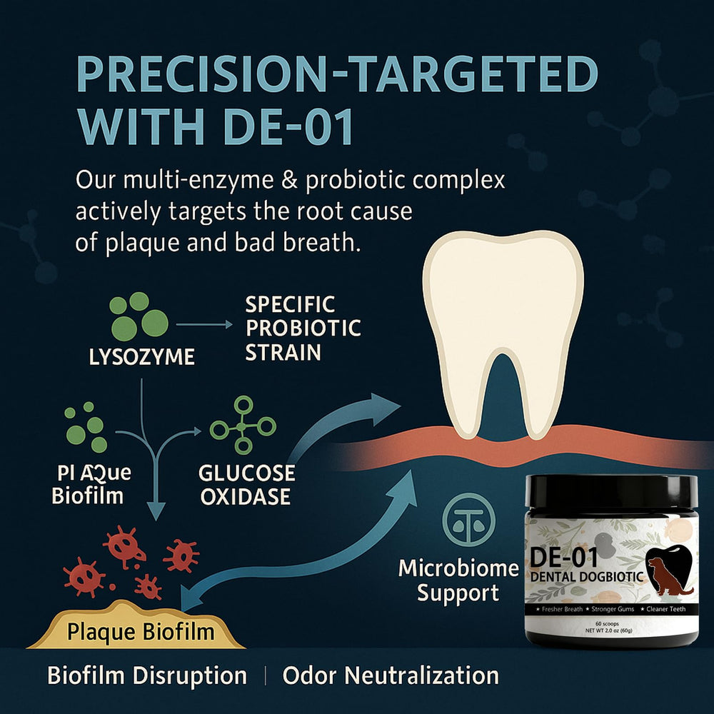 Dogbiotics Dental Powder sprinkled on meals for easy daily care.