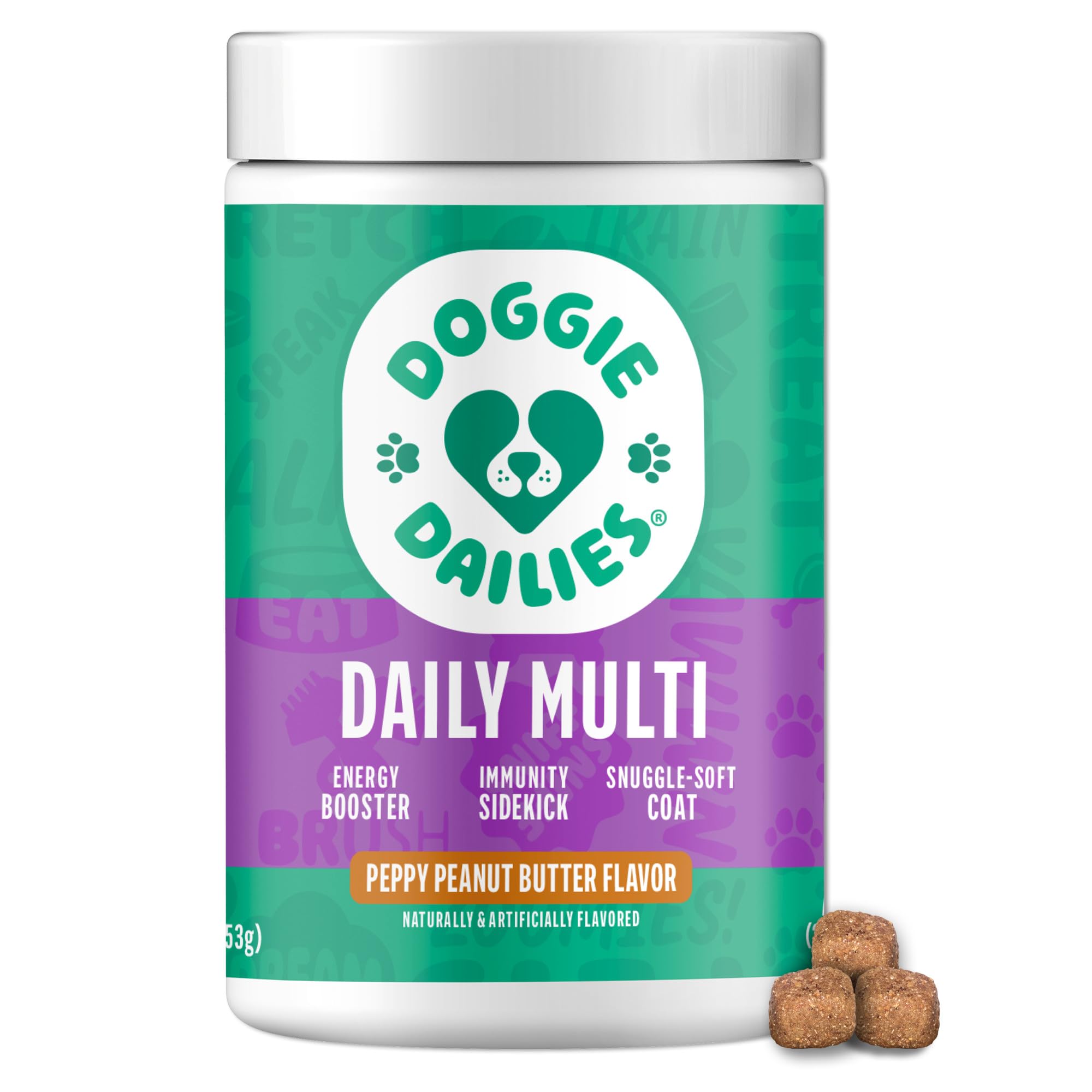 Doggie Dailies 5 in 1 soft chews peanut butter may support joints and coat health.