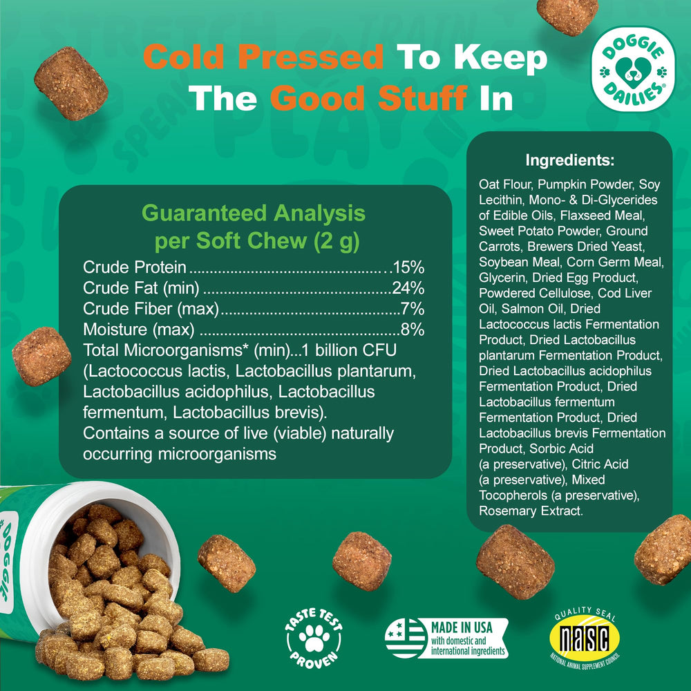 Doggie Dailies Probiotics palatability test image shows dogs enjoying the chews