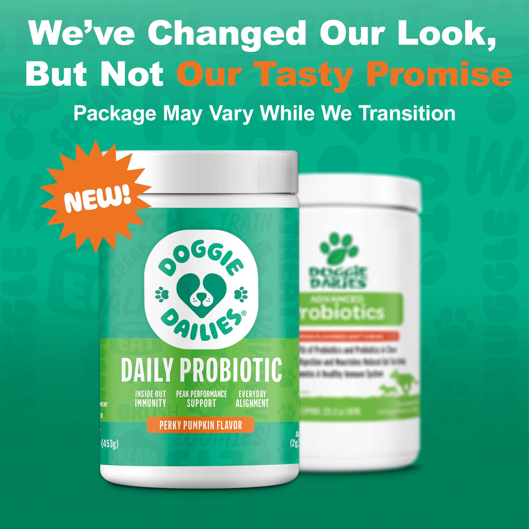 Doggie Dailies Probiotics size-based dosing guide visual highlights dosing by weight