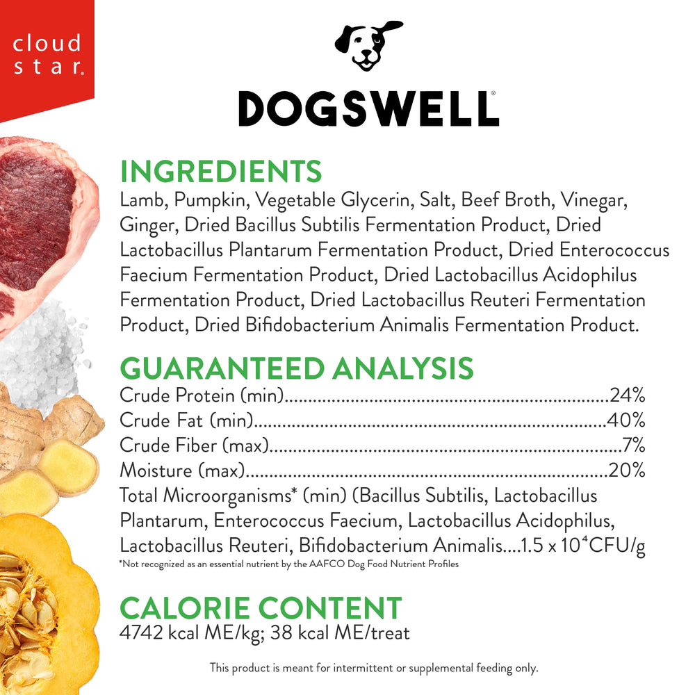Dogswell Gut Health Mini Jerky Lamb ingredients label emphasizing probiotics and pumpkin fiber.