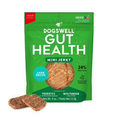 Dogswell Gut Health Mini Jerky Lamb packaging showing clean ingredients for safe snacking.