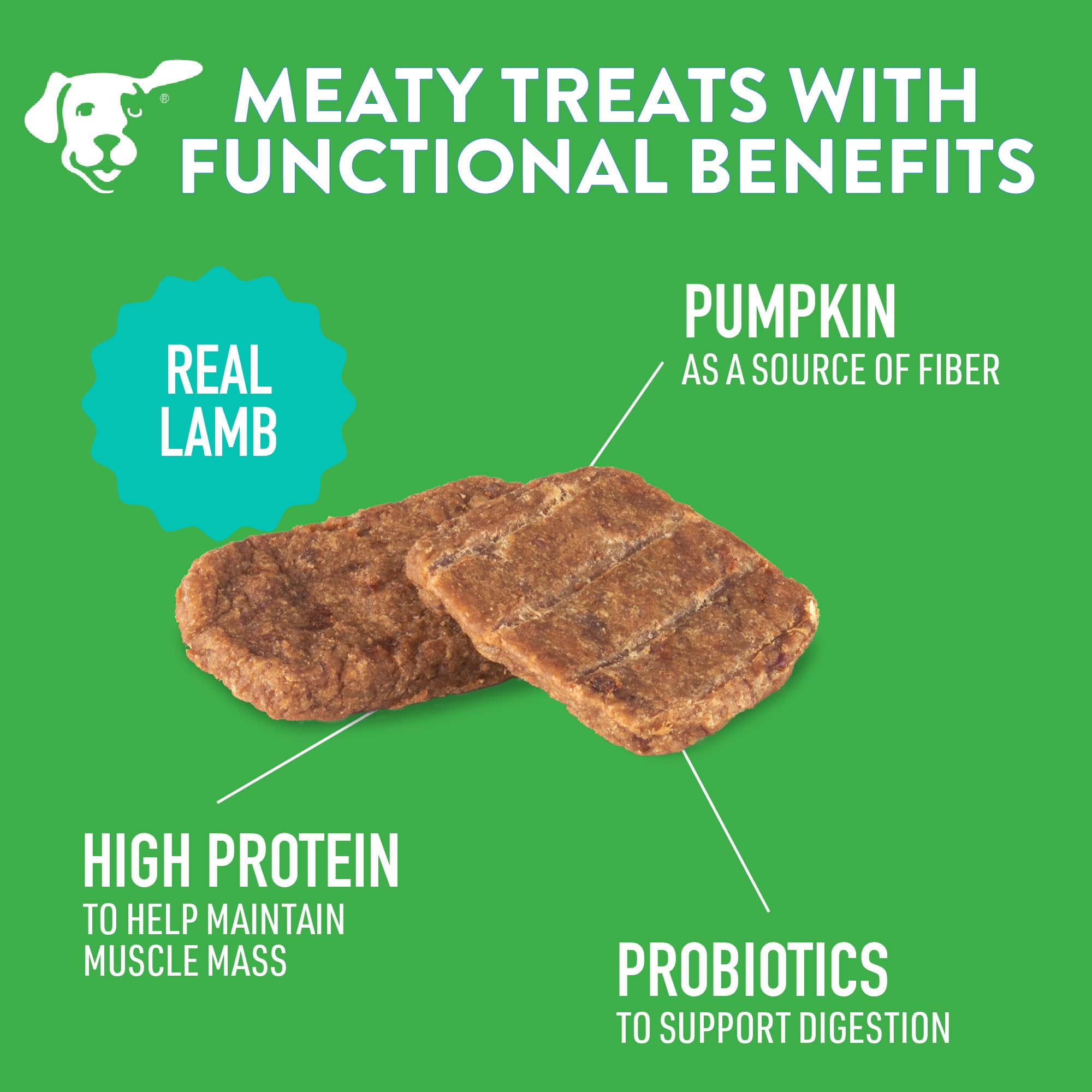 Dogswell Gut Health Mini Jerky Lamb probiotics graphic communicating digestion-friendly blend.