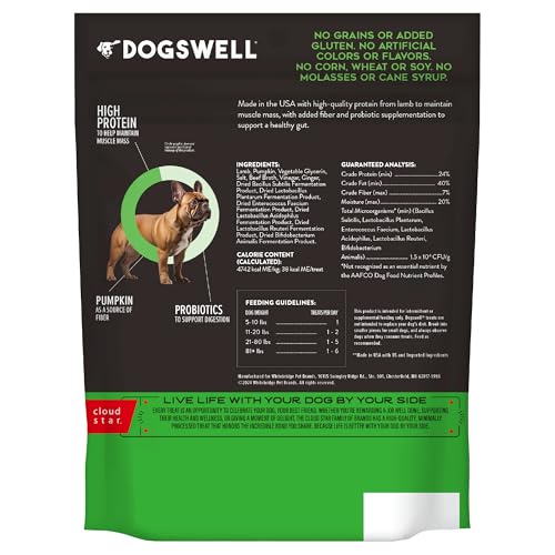 Dogswell Gut Health Mini Jerky Lamb bite close-up highlighting chewy texture and protein.