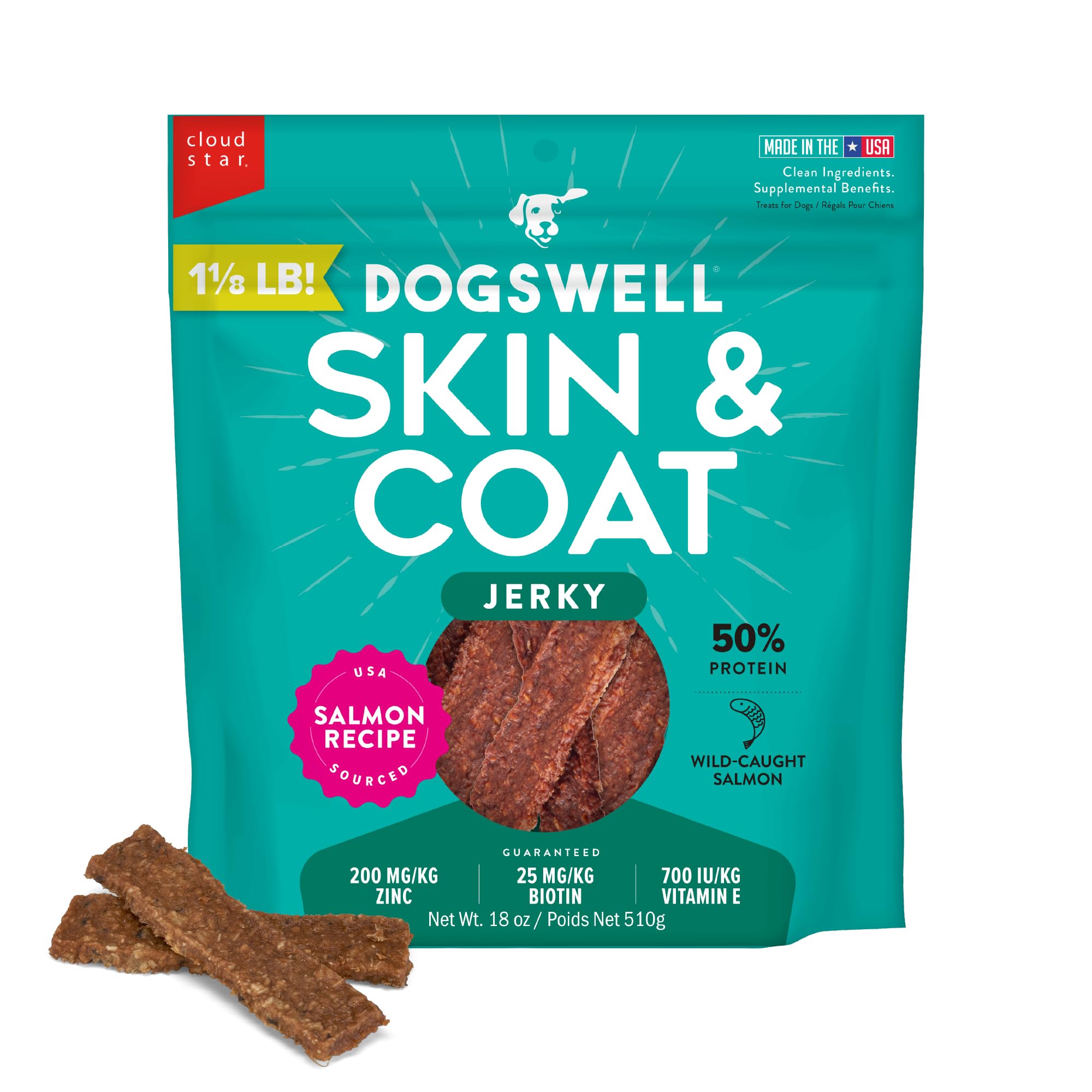 DOGSWELL Skin Coat Salmon Jerky for dogs promotes a healthy coat.