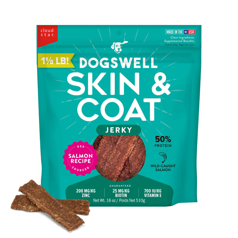 DOGSWELL Skin Coat Salmon Jerky for dogs promotes a healthy coat.