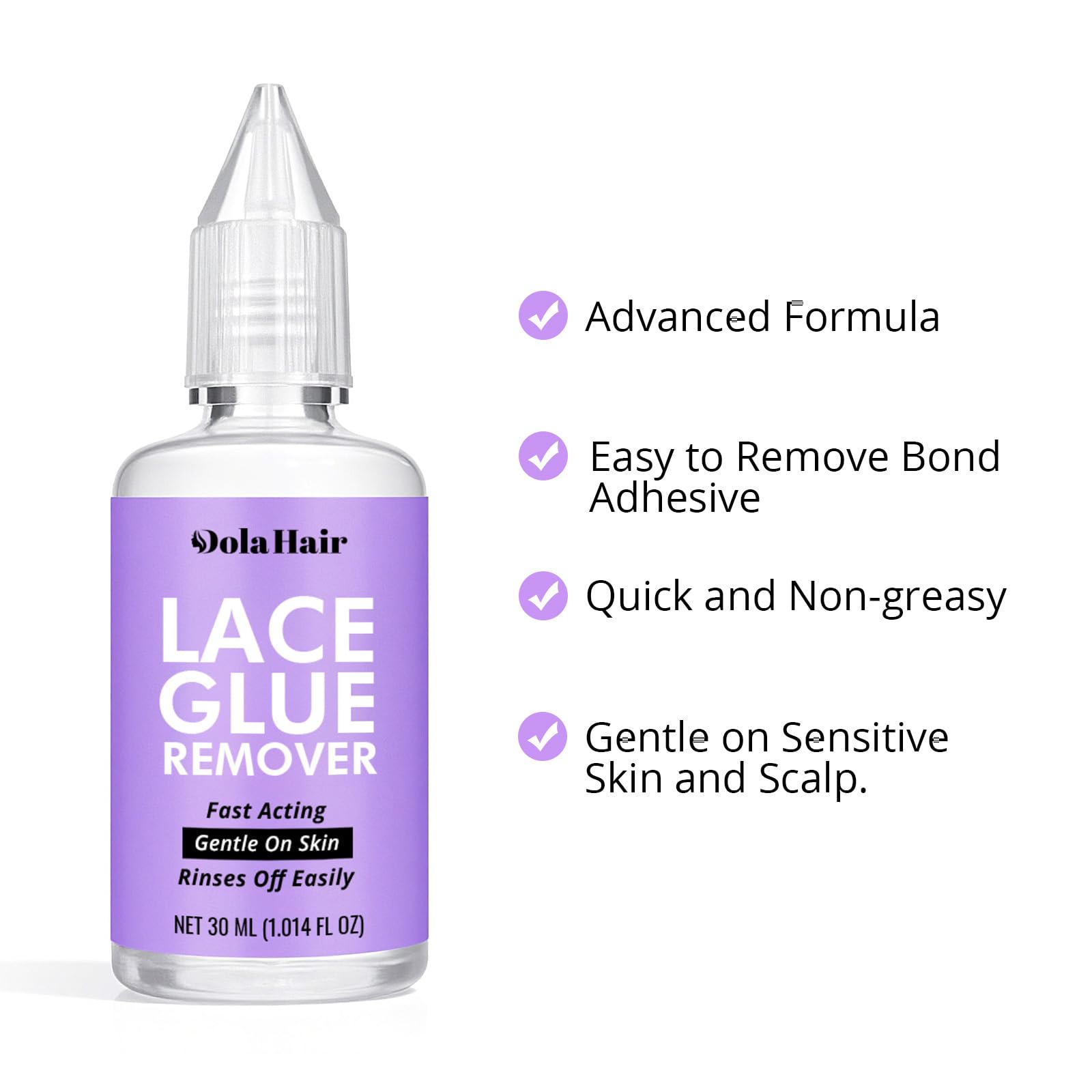 Dolahair Glue Remover shows application on adhesive for painless bond release.