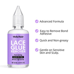 Dolahair Glue Remover shows application on adhesive for painless bond release.