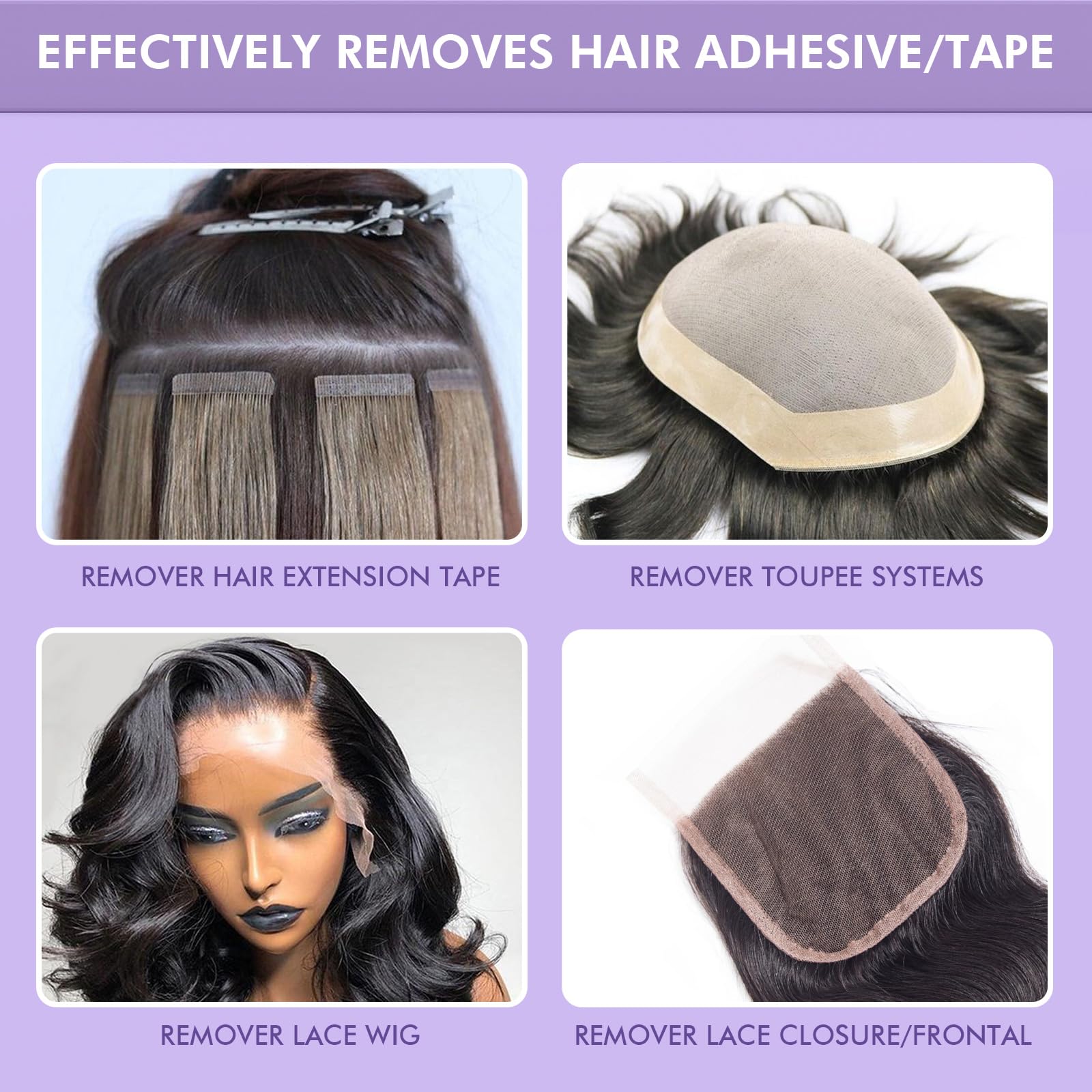 Dolahair Glue Remover Skin Safe Formula highlights gentle, non toxic ingredients for sensitive scalps.