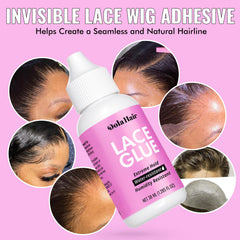 Dolahair water-based adhesive bottle emphasizes skin-friendly, strong hold.