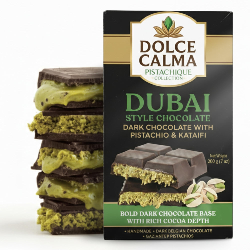 Dolce Calma Dubai Dark chocolate bar close-up showing rich cocoa and pistachio texture for luxurious bite