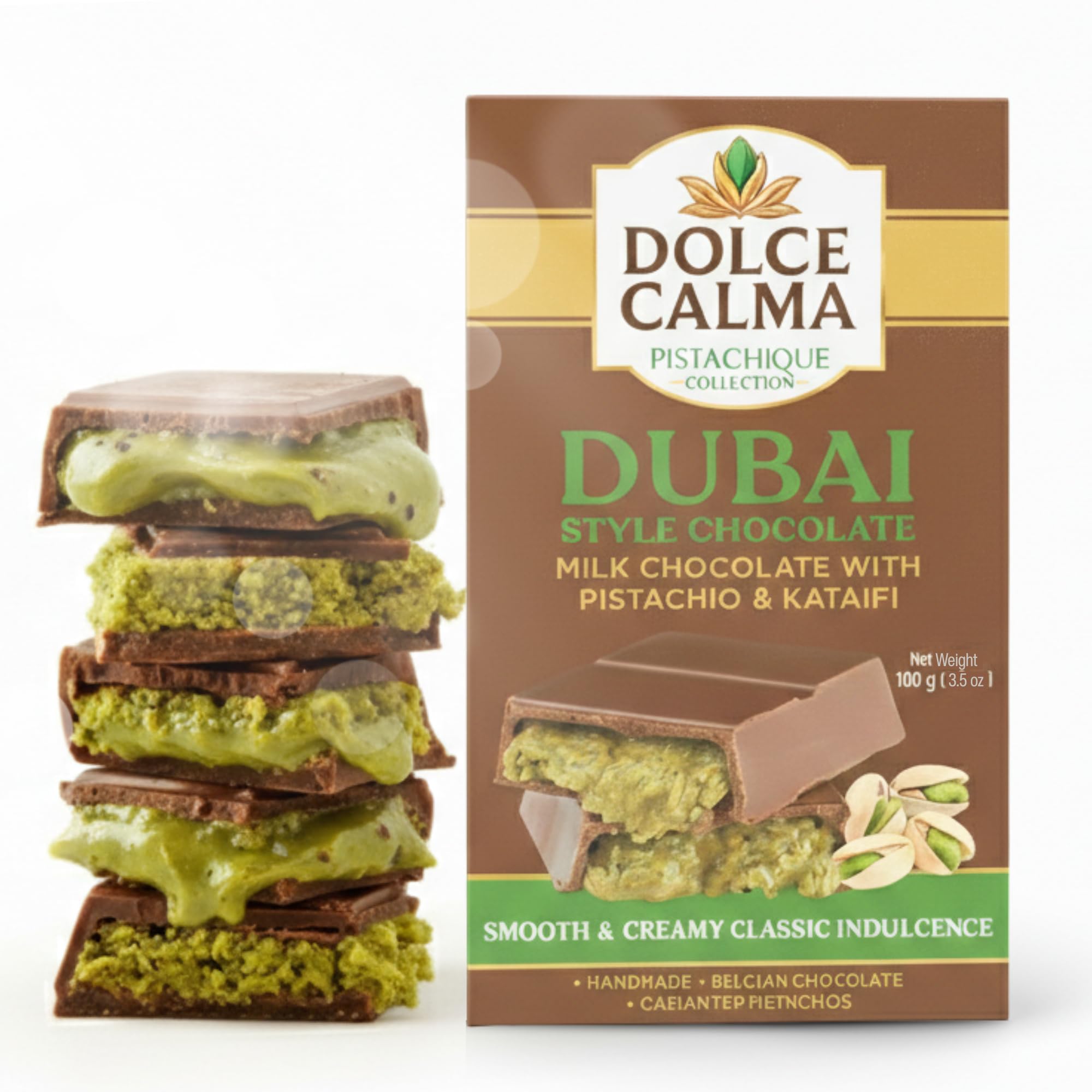 Dolce Calma Dubai Milk chocolate bar 100g on premium wrapper, ideal for an afternoon treat