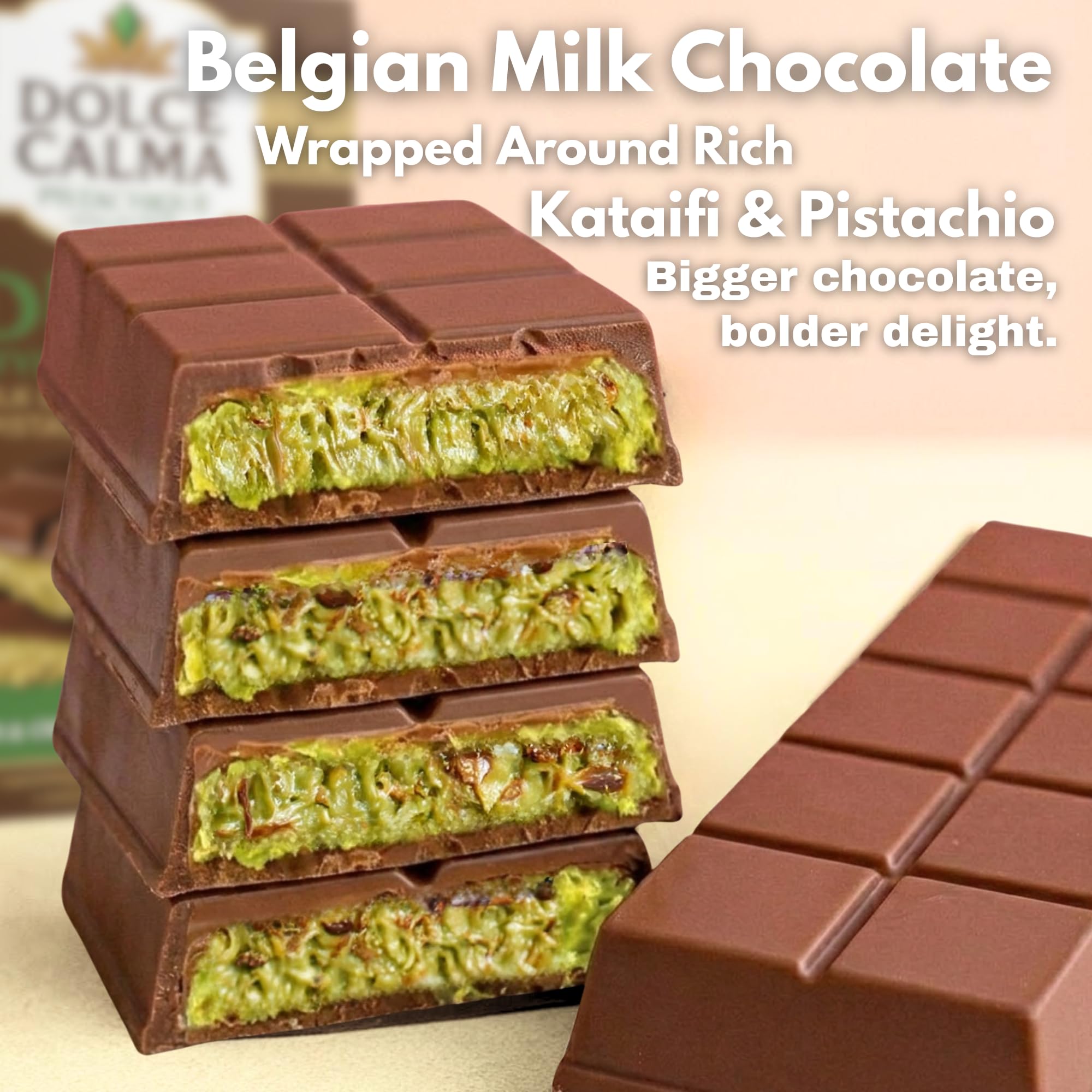 Dolce Calma Dubai Milk chocolate bar kataifi crisp close-up for texture.