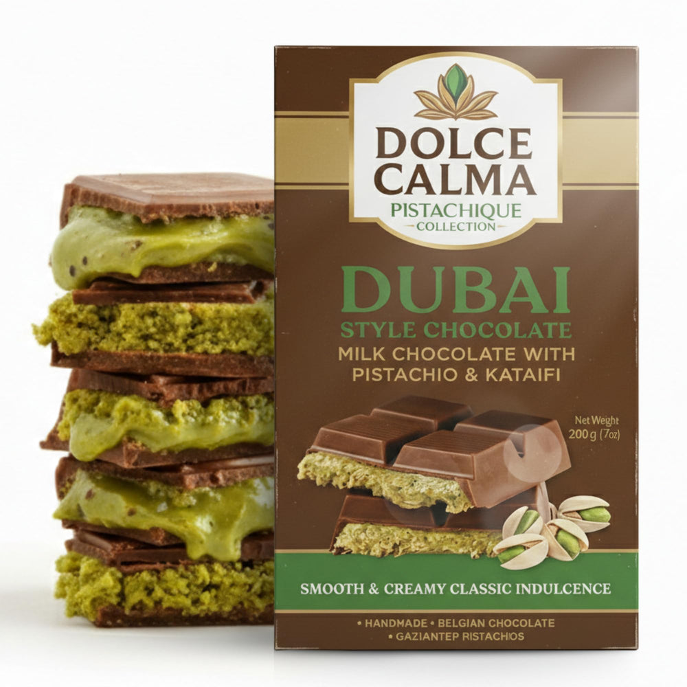 Dolce Calma Dubai Milk chocolate bar packaging shows luxury gifting appeal.