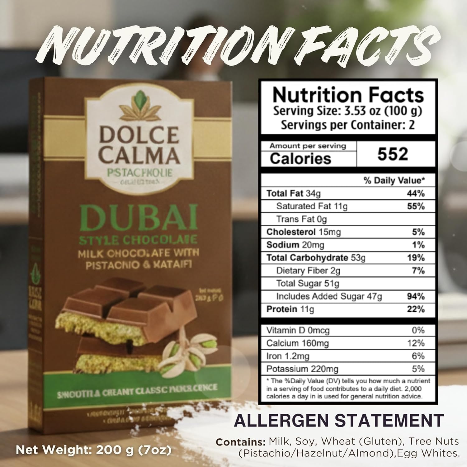 Dolce Calma Dubai Milk chocolate bar pistachio topping close-up for premium flavor.