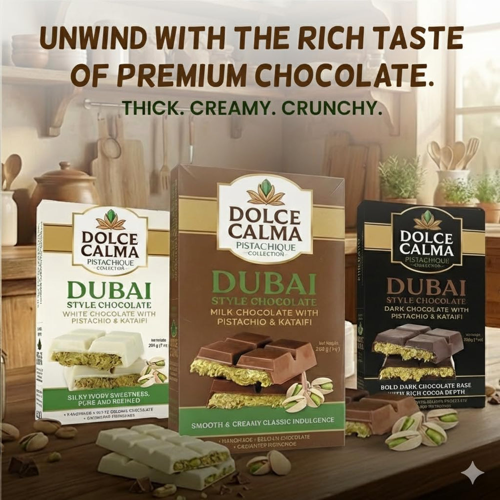 Dolce Calma Dubai Milk chocolate bar side view shows elegant packaging.
