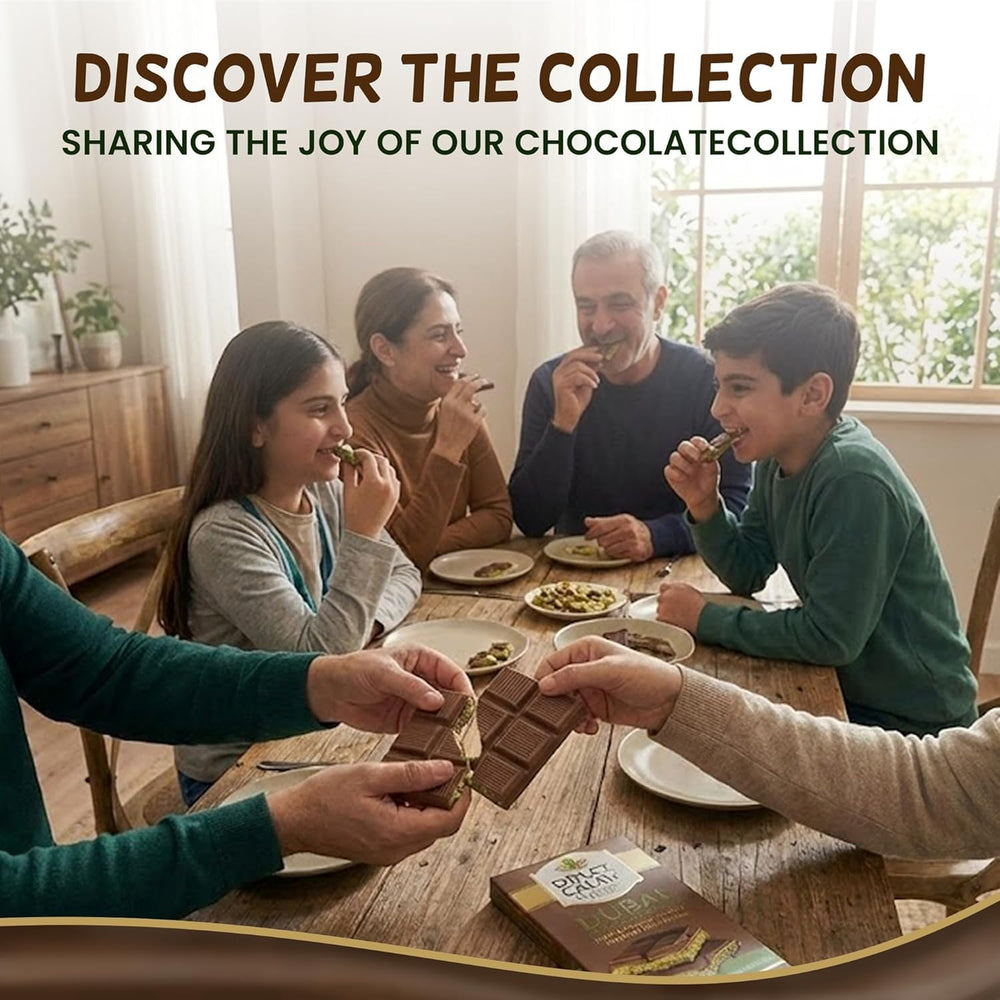 Dolce Calma Dubai Milk chocolate bar slice ready for sharing on a plate.