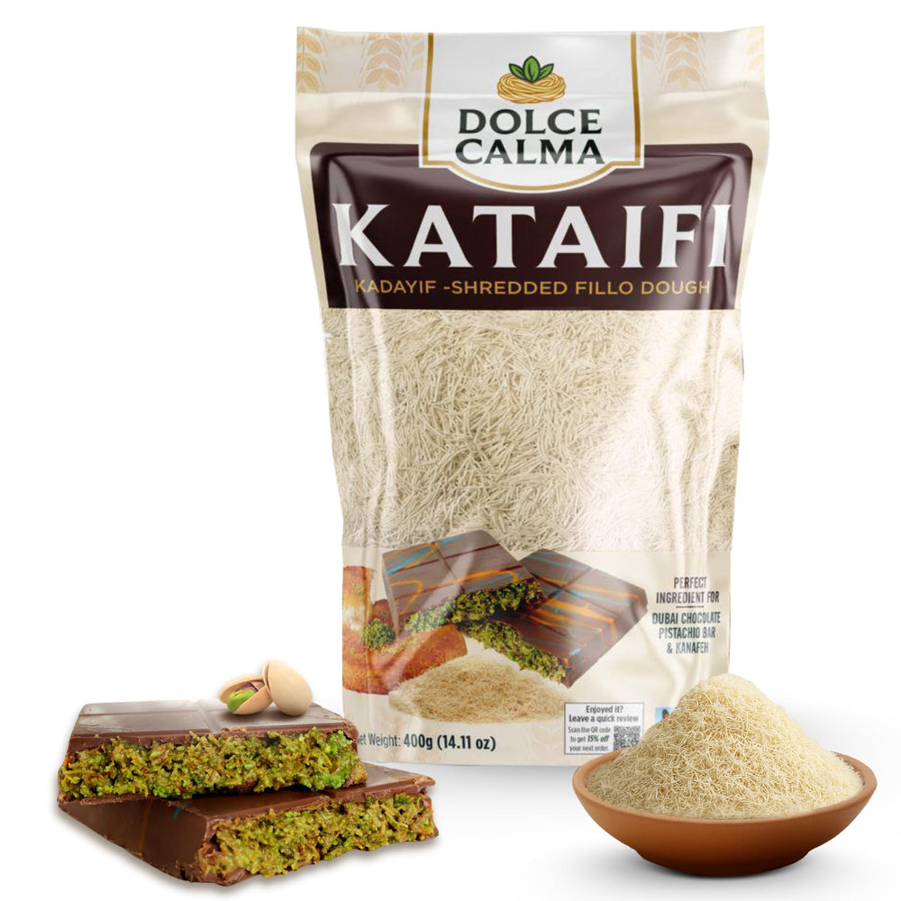Dolce Calma kataifi dough package highlights ready-to-use strands for crisp baklava and kunafa at home.