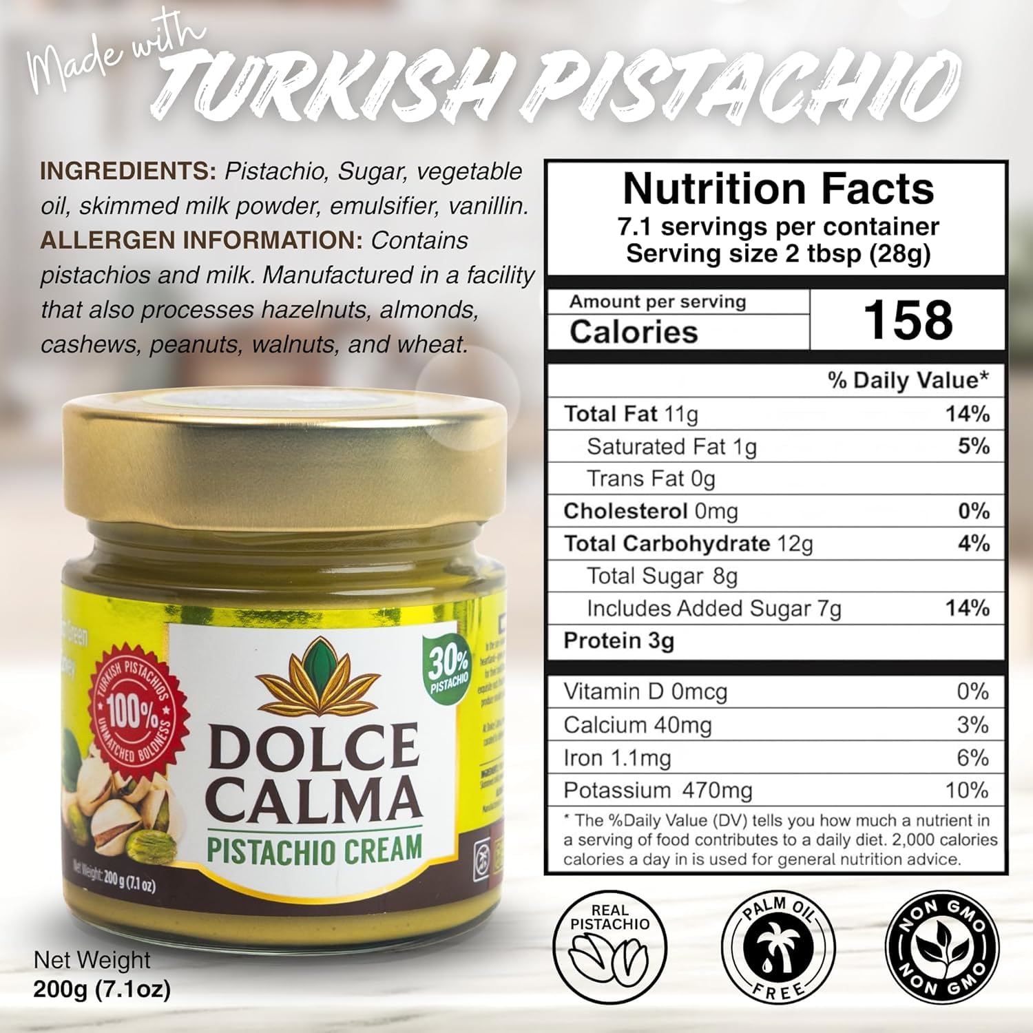 Dolce Calma pistachio cream spread closeup highlighting vibrant green paste
