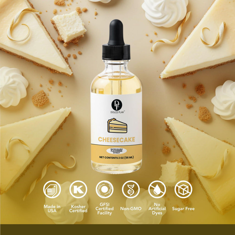 Dessert setup featuring Dolce Flav Cheesecake Extract for a bakery finish