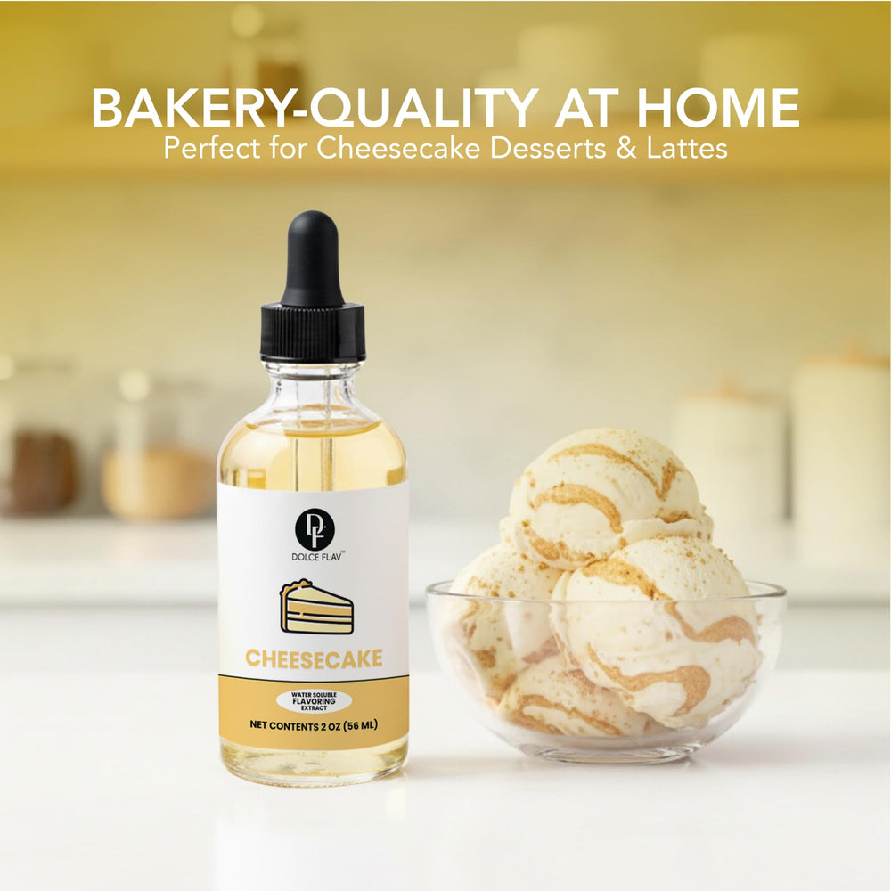 Drops of Dolce Flav Cheesecake Extract added to batter for creamy flavor