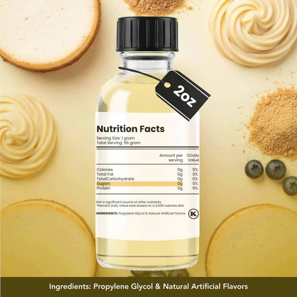 Close-up of Dolce Flav Cheesecake Extract label showing Kosher and sugar-free notes