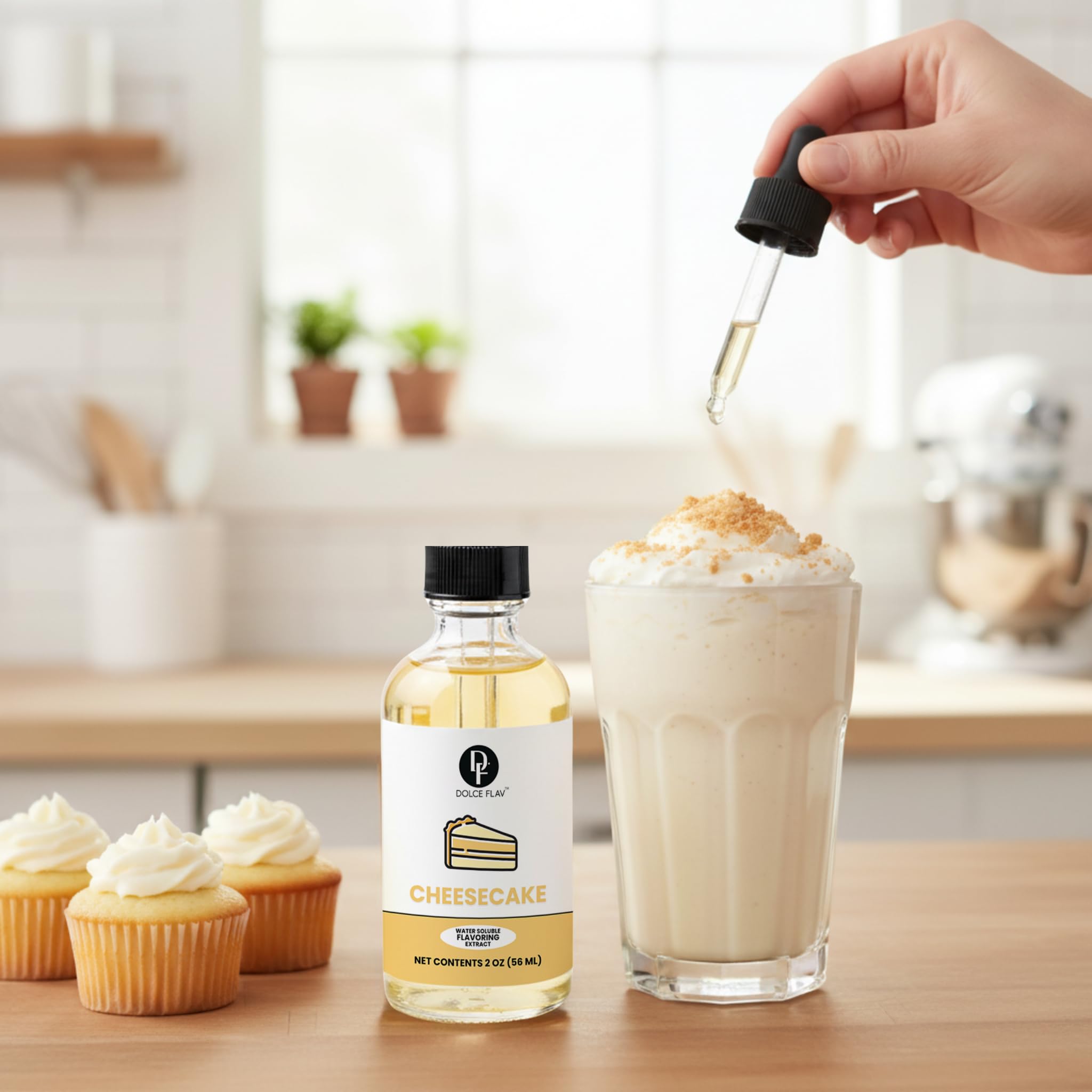 Packaging with dropper for Dolce Flav Cheesecake Extract for easy measuring