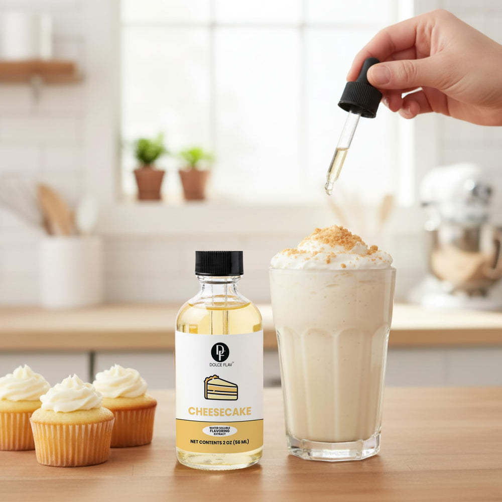 Packaging with dropper for Dolce Flav Cheesecake Extract for easy measuring