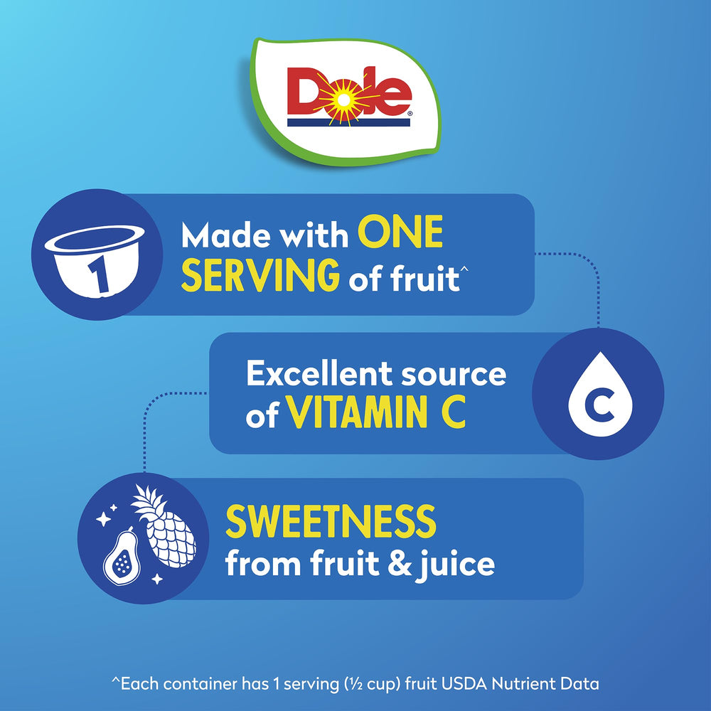 Dole 100% juice fruit pack highlighting vitamin C for a refreshing option.