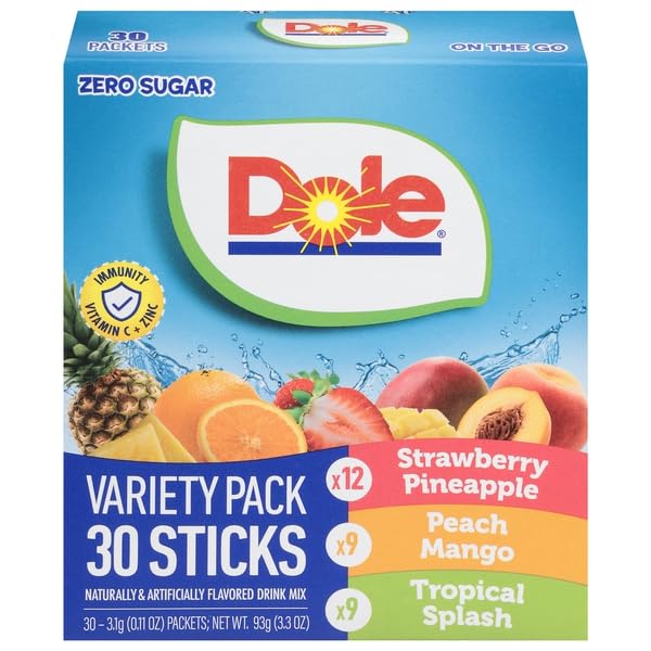 Dole drink mix variety pack showing three flavors for easy, refreshing beverages
