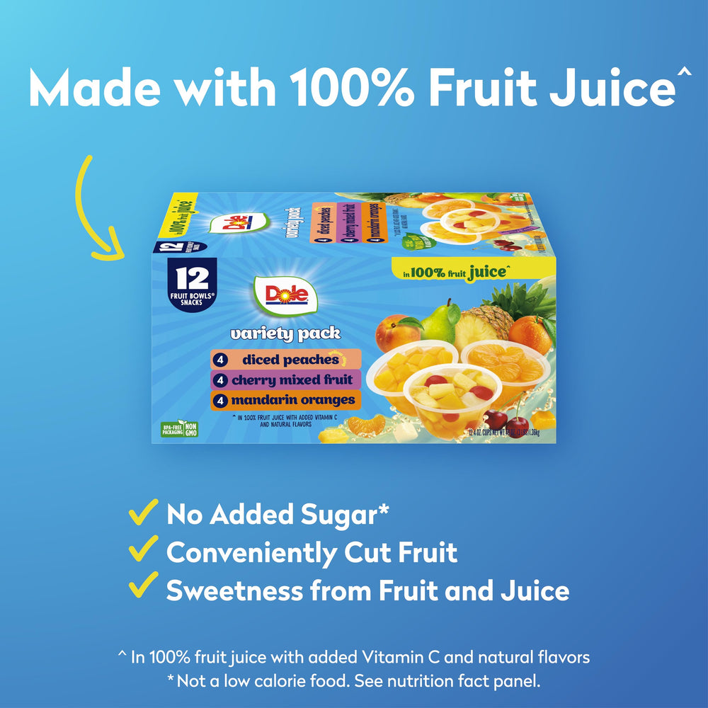 Dole Fruit Bowls 100% juice format, no added sugar options.