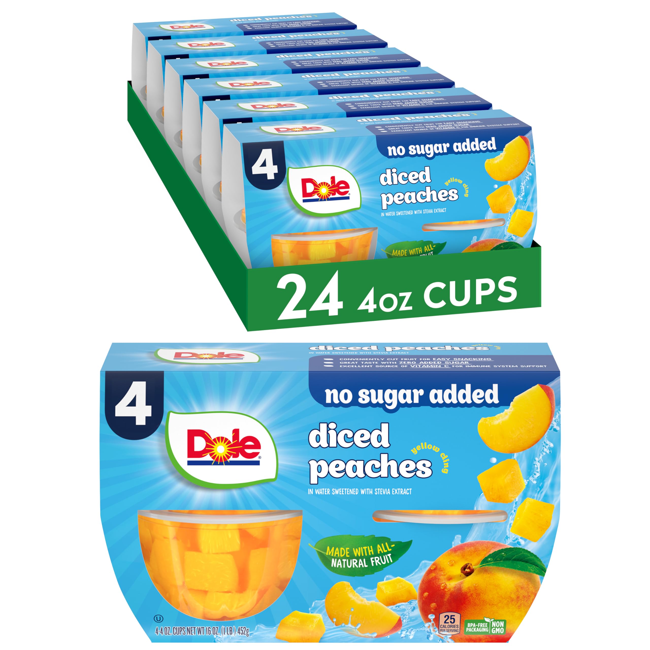 Dole Fruit Bowls No Sugar Added Diced Peaches – convenient lunchbox snack.