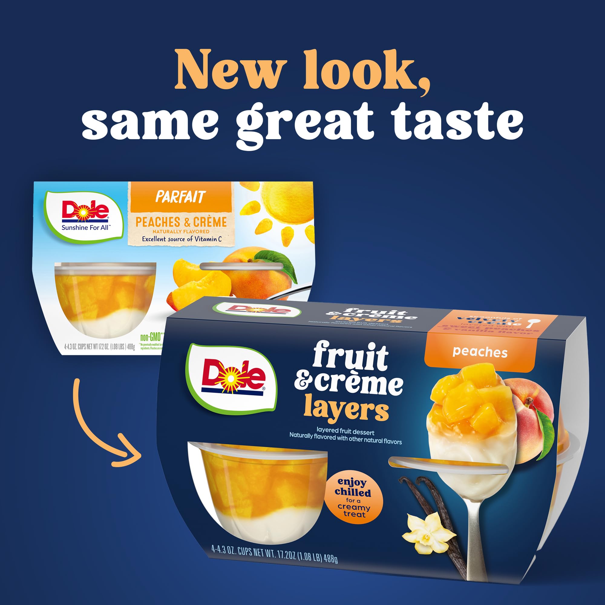 Dole cup served chilled highlighting vanilla creme and ripe peaches