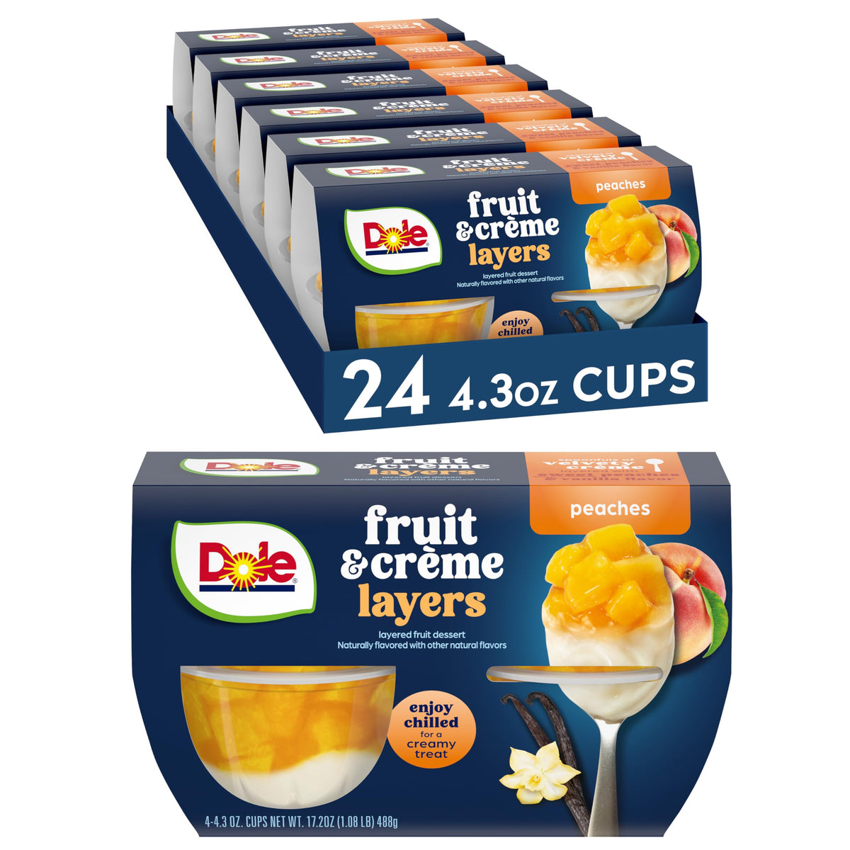 Dole Peaches Creme Layers cup with vanilla cream and peaches for a creamy snack