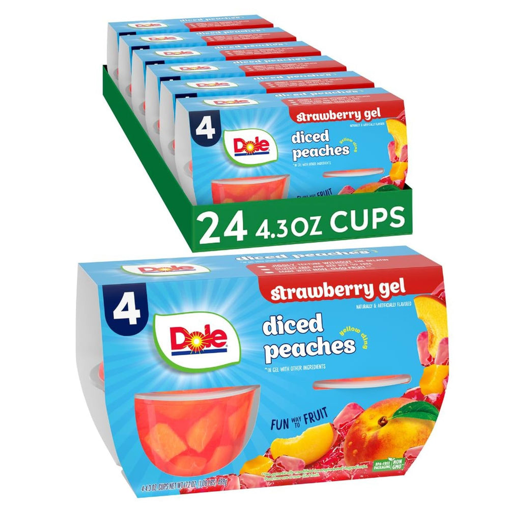 Dole Fruit Bowls peaches in strawberry gel cups, ready-to-eat fruit snack.