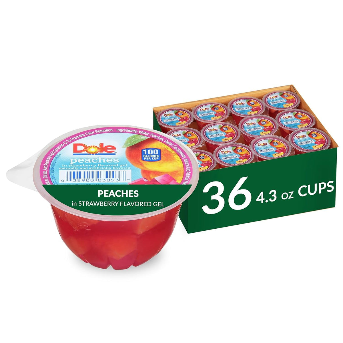 Dole Fruit Bowls peaches in strawberry gel cup, convenient snack for kids.