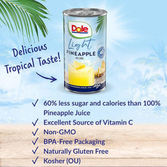 Dole Light Pineapple Juice pack of six-ounce cans, convenient for on-the-go