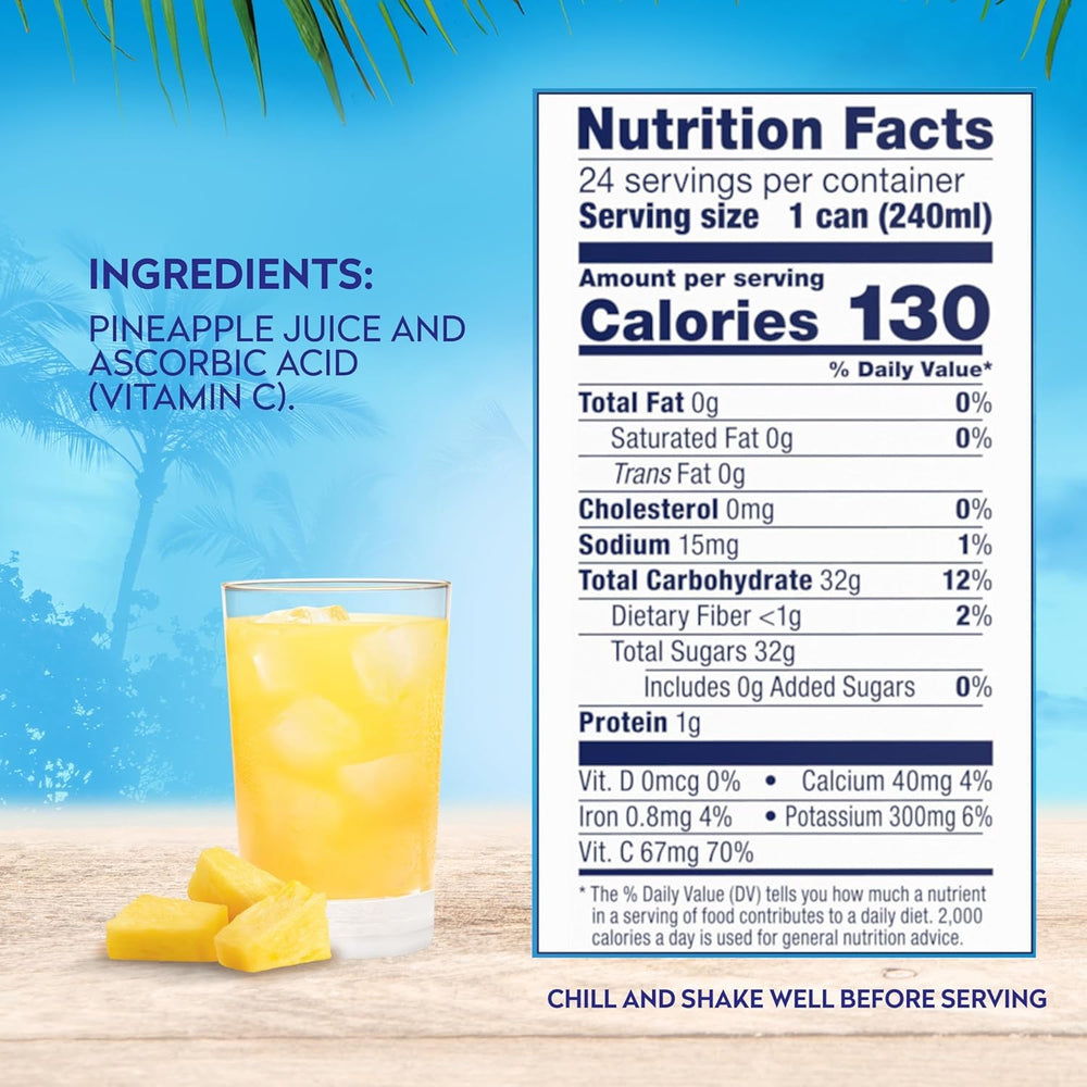Dole pineapple juice can close-up showing no added sugar and tropical flavor.