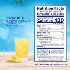Dole pineapple juice can close-up showing no added sugar and tropical flavor.