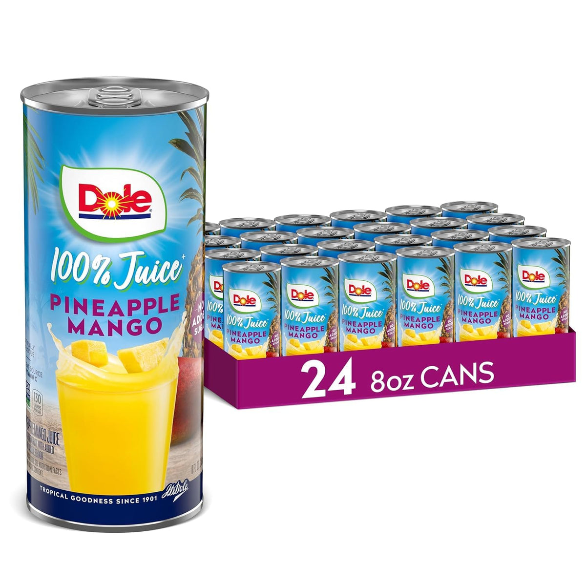Dole pineapple mango juice bottle highlighting tropical flavor and vitamin C.