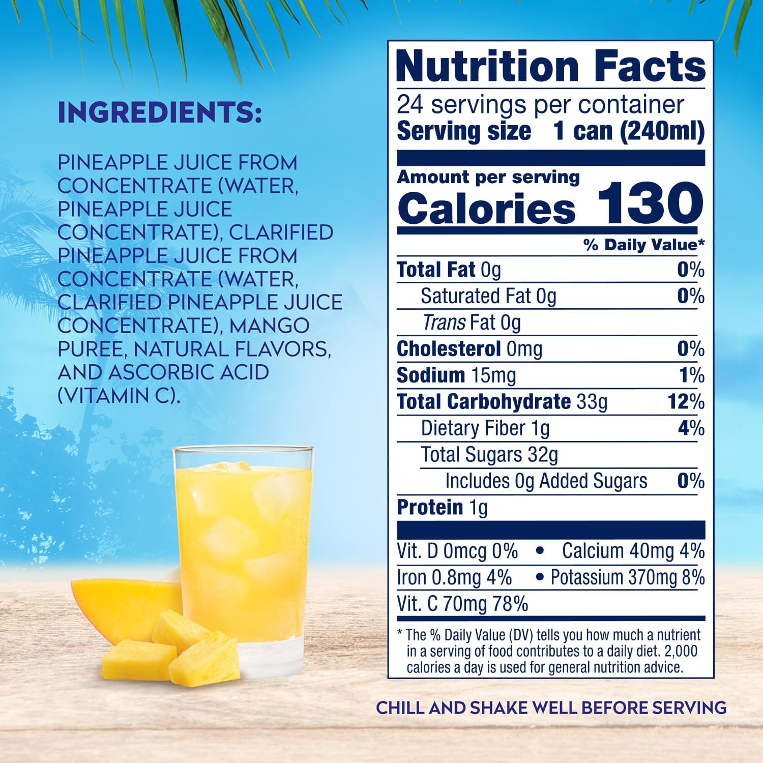 Dole pineapple mango juice can showcasing 100% juice and Vitamin C.