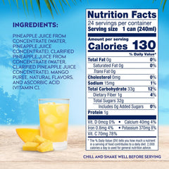 Dole pineapple mango juice can showcasing 100% juice and Vitamin C.