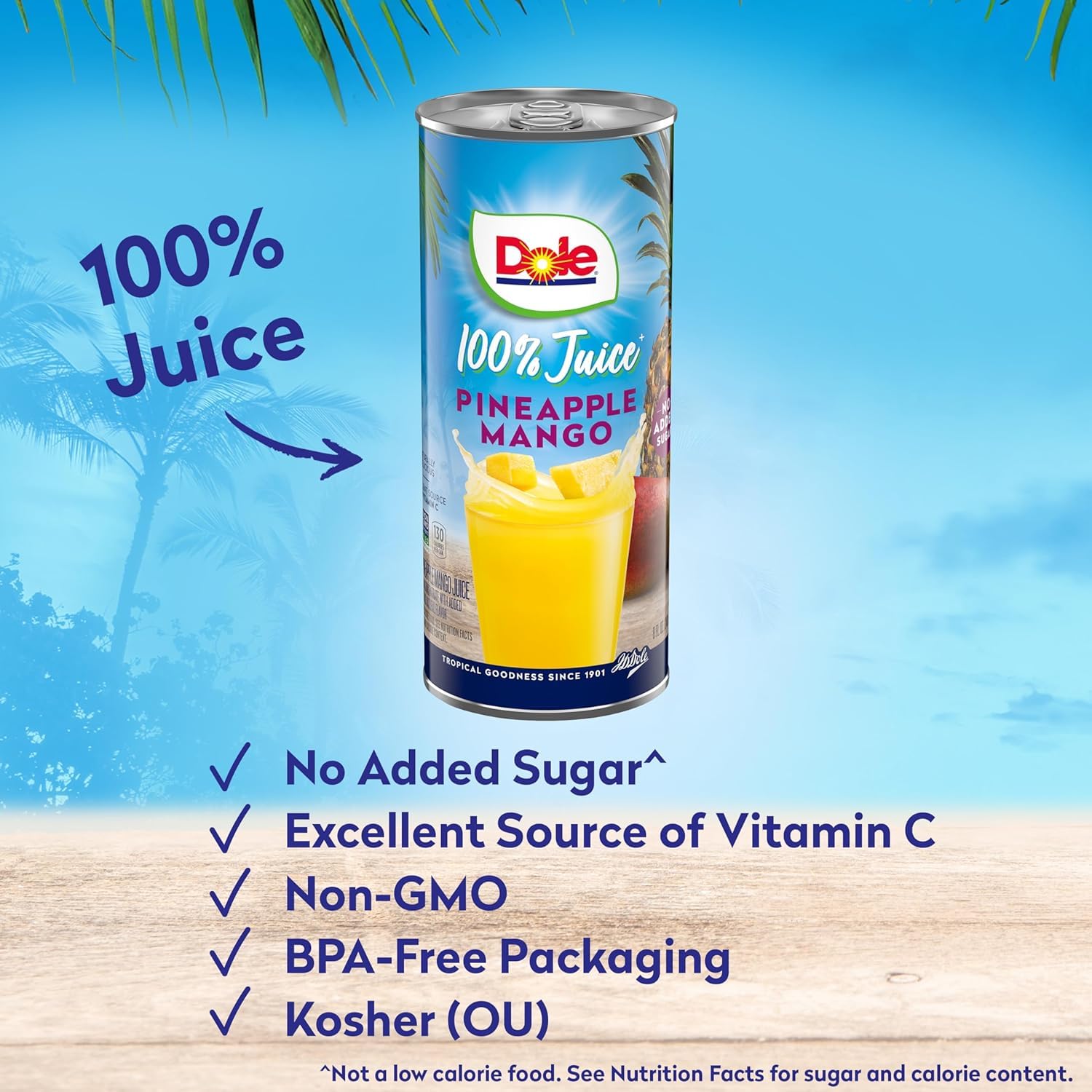 Dole juice being poured into a glass highlighting tropical flavors.